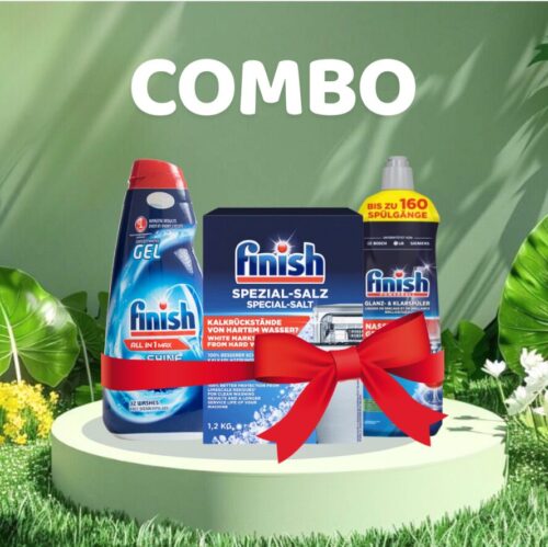 Combo Gel Rửa Bát Finish All In One Shine&Protect 650ml + Muối 1.2kg + Nước bóng 800ml