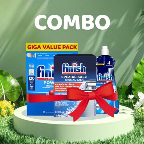 Combo 120 Viên rửa bát Finish Essential + Muối 1.2 kg + Nước bóng 400ml