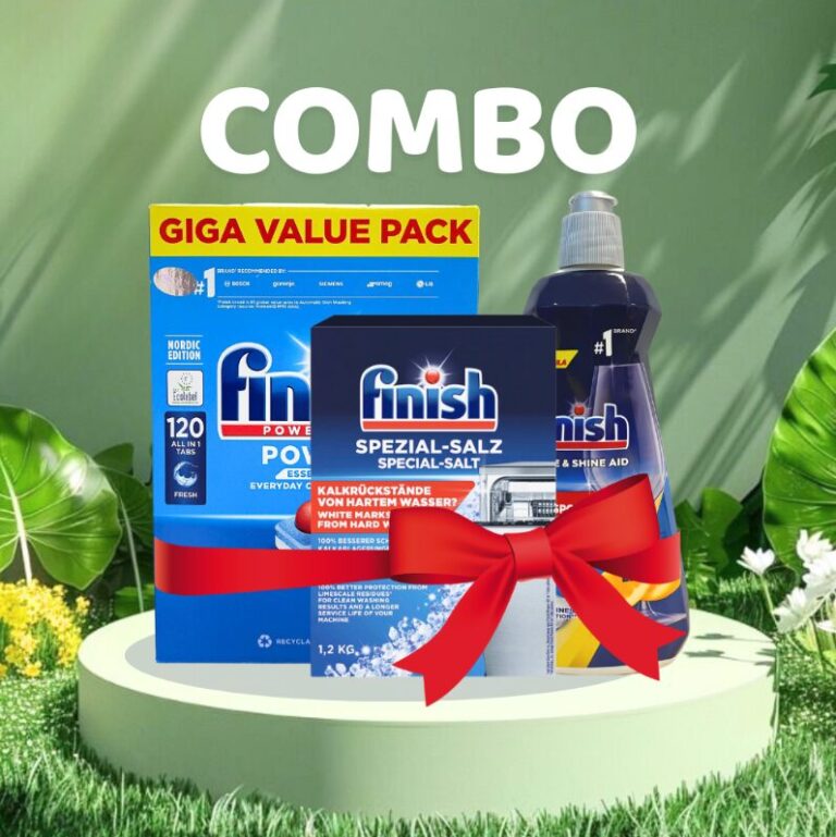 Combo 120 Viên rửa bát Finish Essential + Muối 1.2 kg + Nước bóng 400ml Hương Chanh