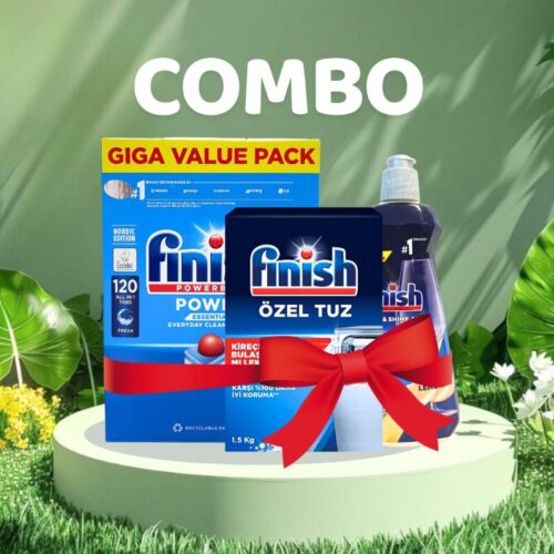 Combo 120 Viên rửa bát Finish Essential + Muối 1.5 kg + Nước bóng 400ml Hương Chanh