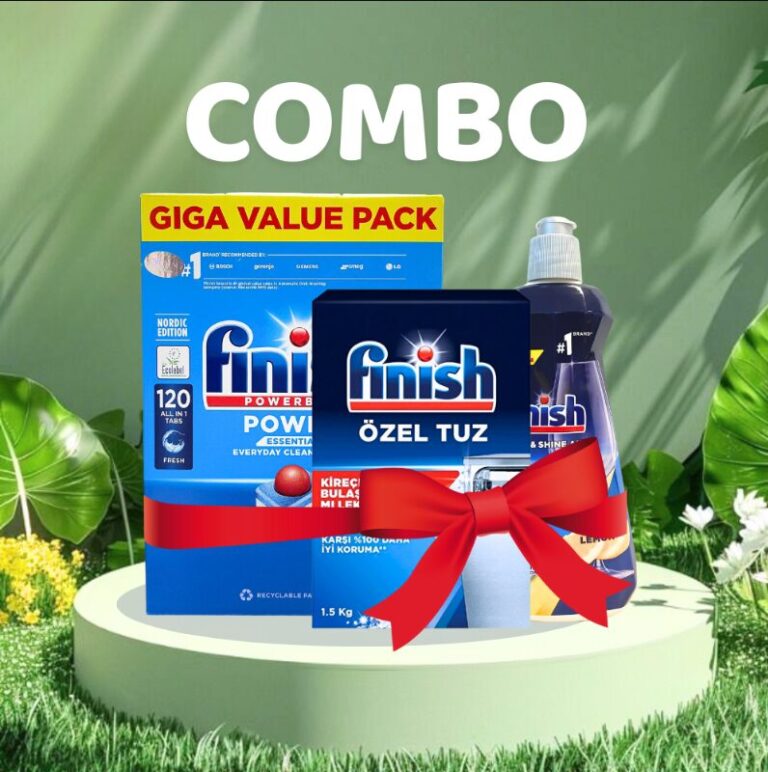 Combo 120 Viên rửa bát Finish Essential + Muối 1.5 kg + Nước bóng 400ml Hương Chanh