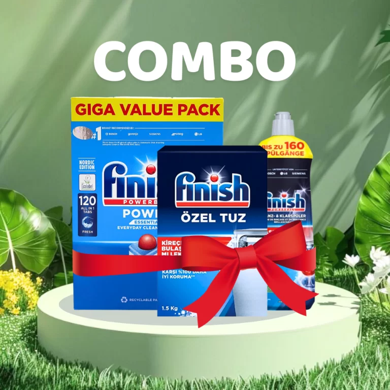 Combo 120 Viên rửa bát Finish Essential + Muối 1.5 kg + Nước bóng 800ml