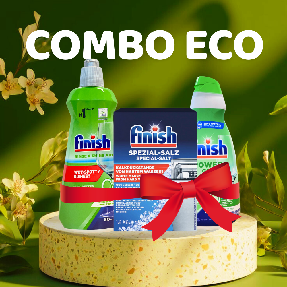 Combo Gel Rửa Bát Finish Eco 0% 900ml + Muối 1.2kg + Nước Làm Bóng Finish Eco 0% 400ml