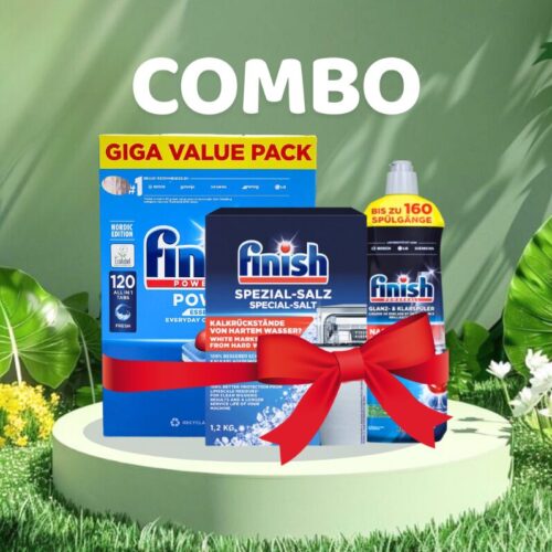 Combo 120 Viên rửa bát Finish Essential + Muối 1.2 kg + Nước bóng 800ml