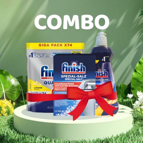 Combo Viên Rửa Bát Finish Quantum All in 1 74 Viên Hương Chanh + Muối 1.2kg + Nước bóng 400ml Hương Chanh