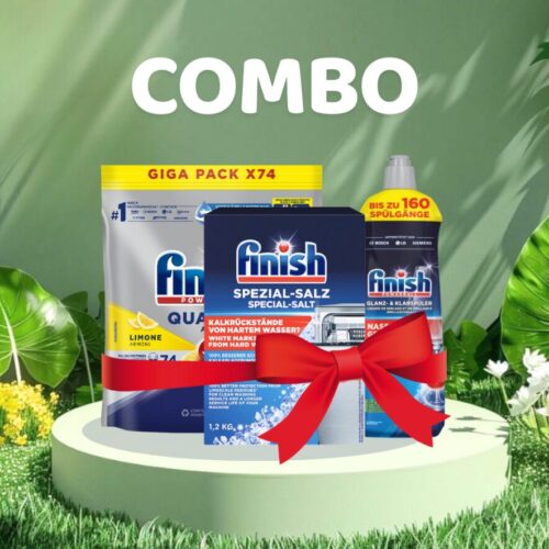 Combo Viên Rửa Bát Finish Quantum All in 1 74 Viên Hương Chanh + Muối 1.2kg + Nước bóng 800ml