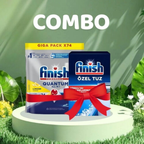 Combo Viên Rửa Bát Finish Quantum All in 1 74 Viên Hương Chanh + Muối 1.5kg