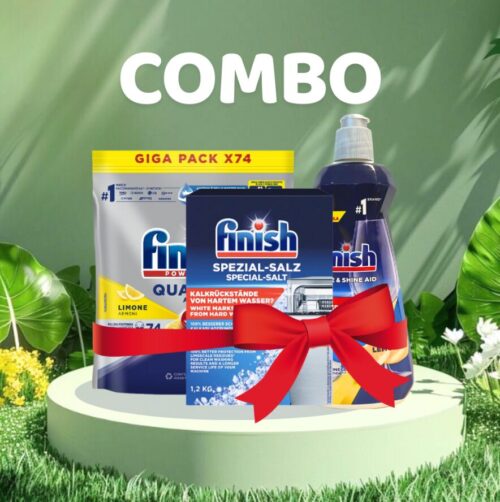 Combo Viên Rửa Bát Finish Quantum All in 1 74 Viên Hương Chanh + Muối 1.5kg + Nước bóng 400ml Hương Chanh