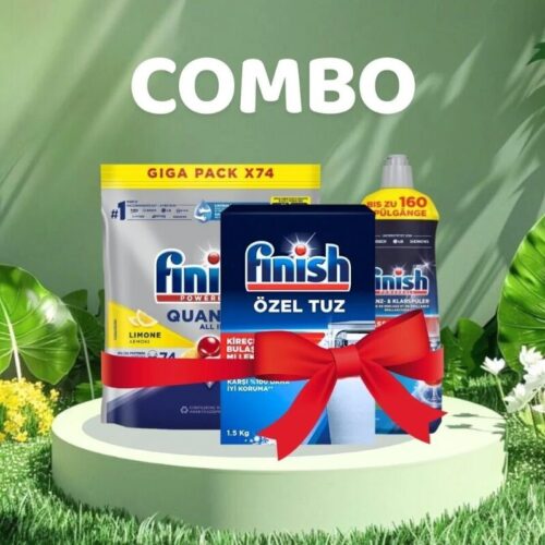 Combo Viên Rửa Bát Finish Quantum All in 1 74 Viên Hương Chanh + Muối 1.5kg + Nước bóng 800ml